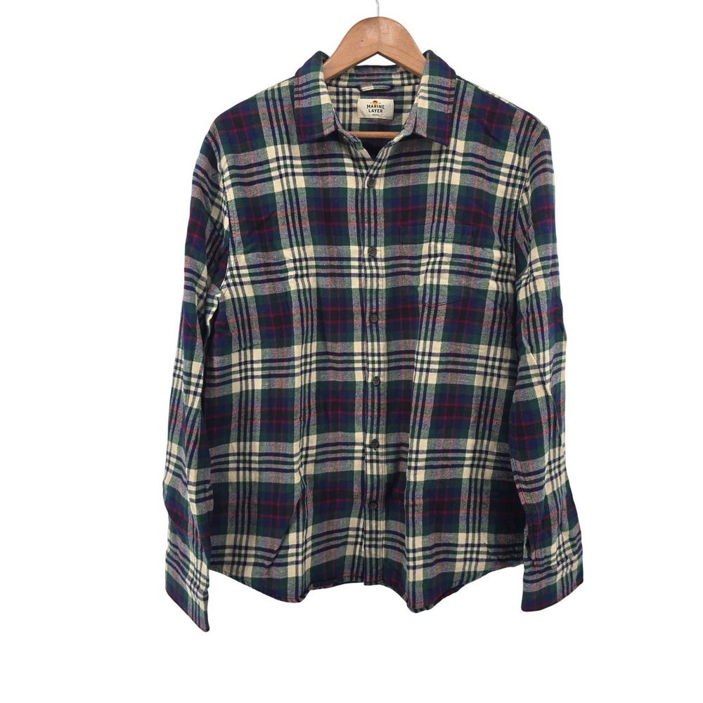 Marine Layer Green Plaid Flannel Shirt Large Absurdly Soft Brushed Cotton